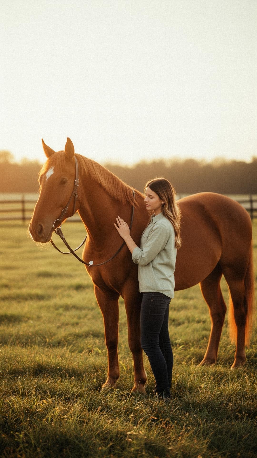 Cavalière auprès de son cheval, lumière dorée d'un coucher de soleil dans un pré