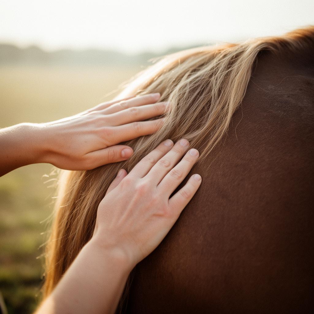 Mains caressant la crinière d'un cheval, lumière dorée